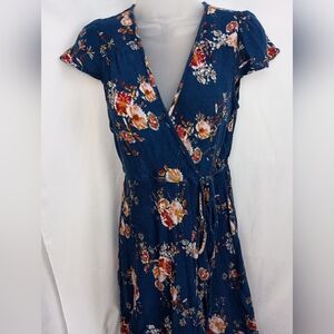 2/$30 XHILARATION Butterly Floral Wrap Summer Dress in Navy Blue (#1,388)